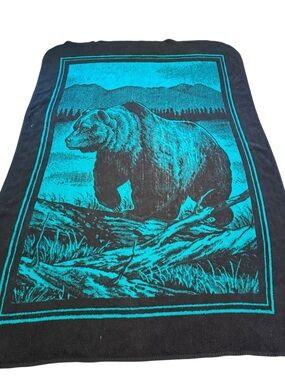 San Marcos vintage grizzly bear teal green blanket reversible 90s